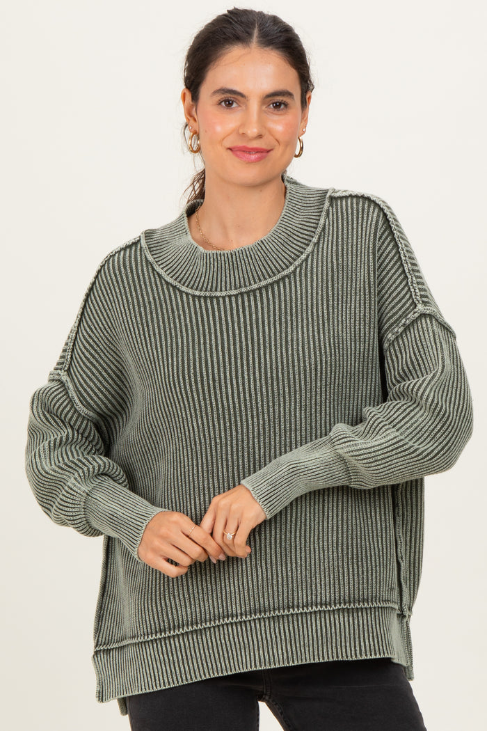 Olive Washed Side Slit Oversized Sweater
