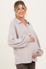 Oatmeal Solid Ribbed Long Sleeve Button Down Collared Maternity Top