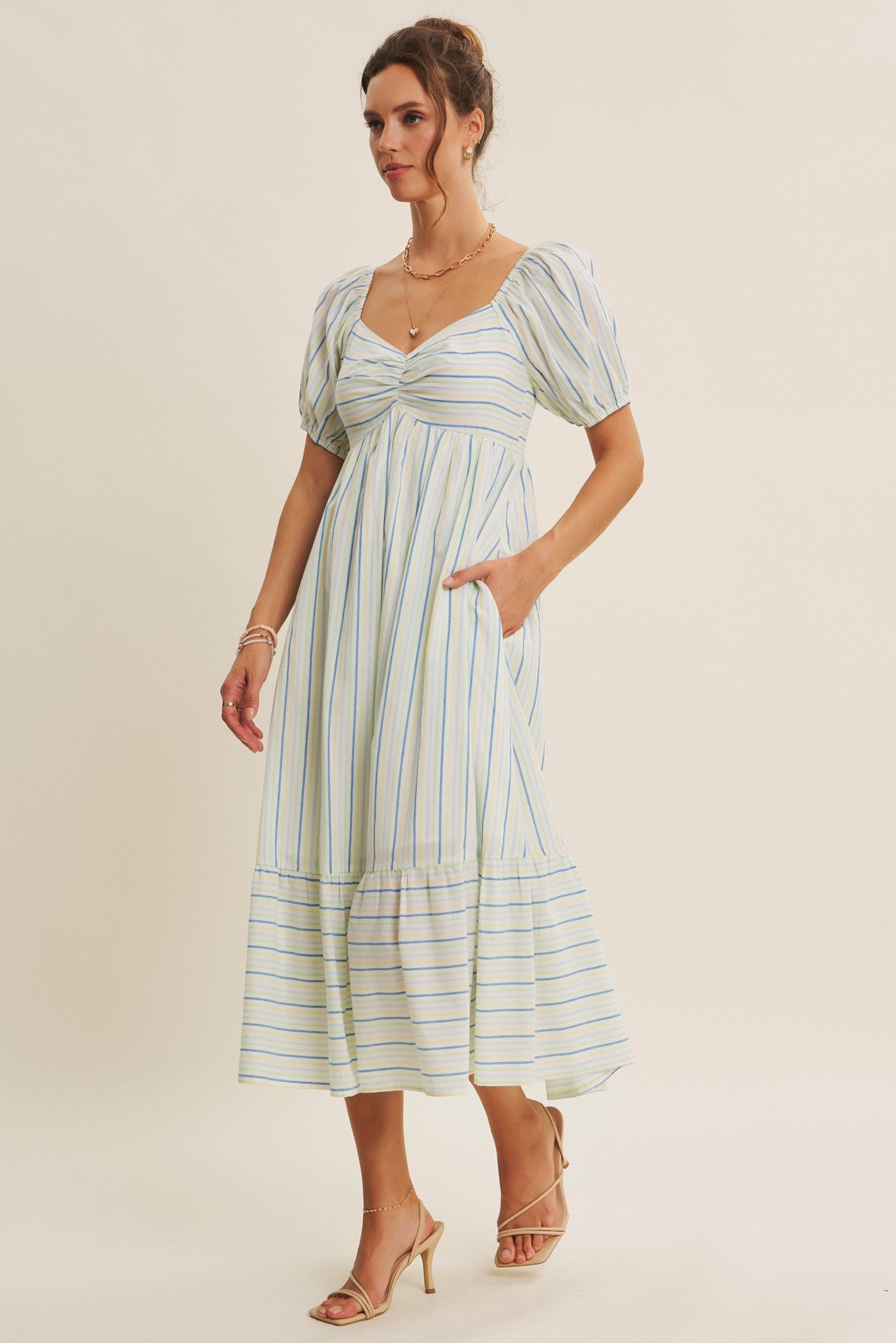 Lime Stripe Sweetheart Neckline Midi Dress