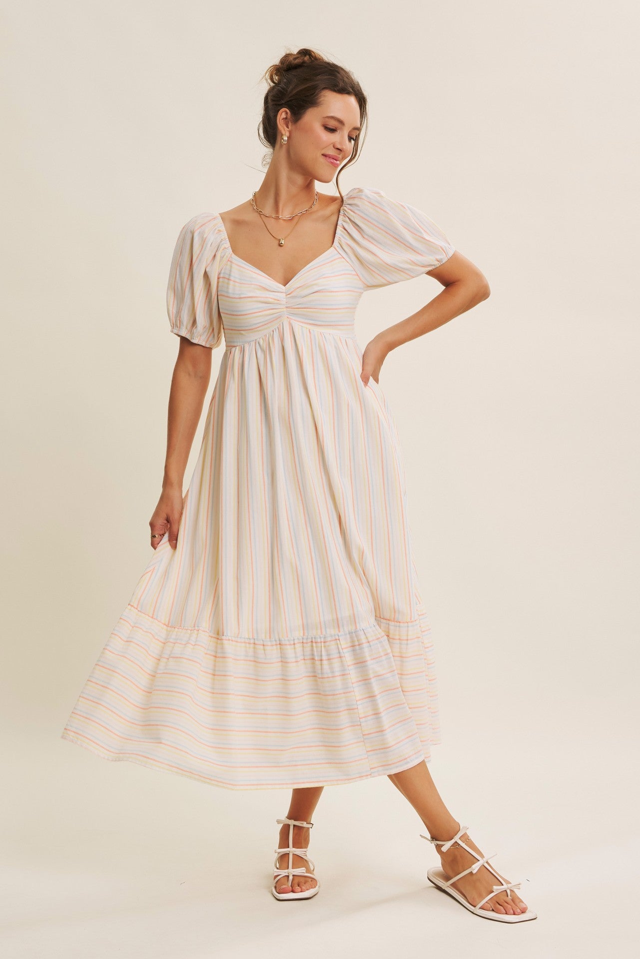 Orange Stripe Sweetheart Neckline Midi Dress