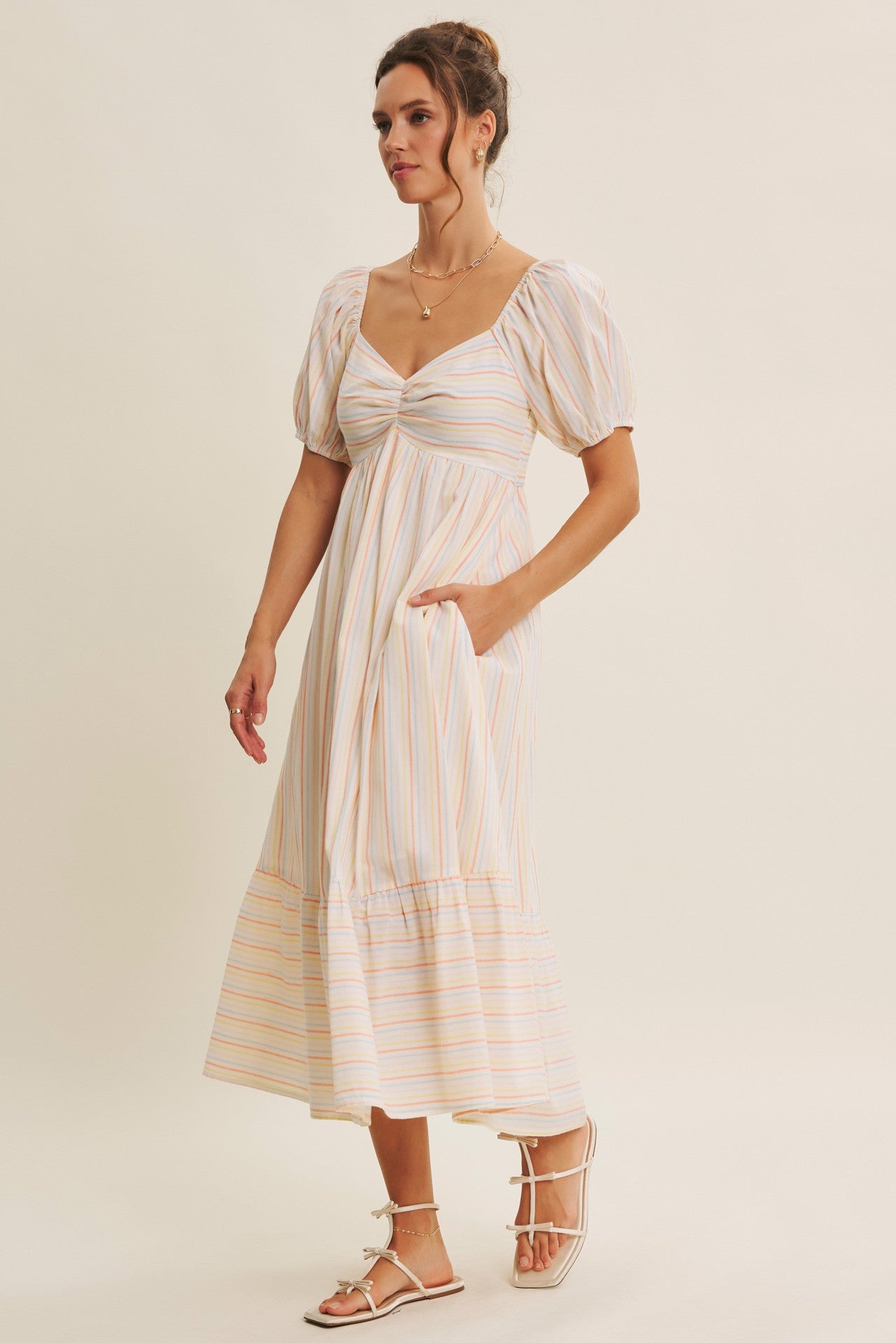 Orange Stripe Sweetheart Neckline Midi Dress