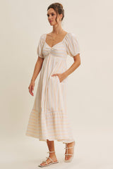 Orange Stripe Sweetheart Neckline Midi Dress