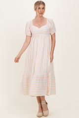 Orange Stripe Sweetheart Neckline Midi Dress