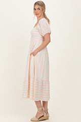 Orange Stripe Sweetheart Neckline Midi Dress