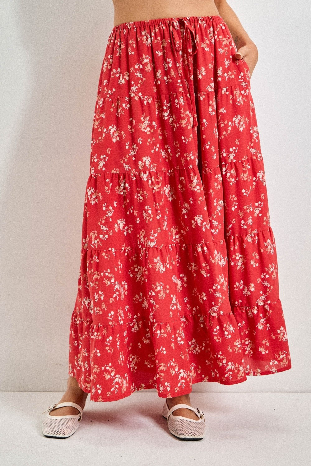 Red Floral Tiered Maxi Skirt