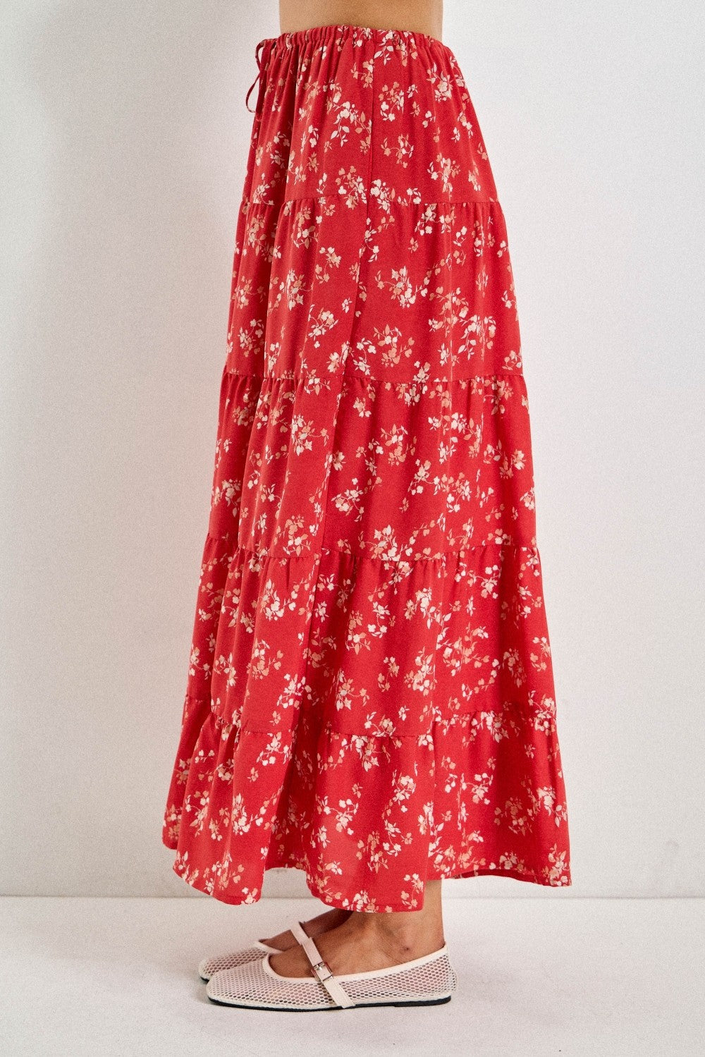 Red Floral Tiered Maxi Skirt