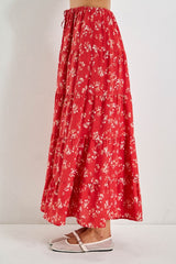Red Floral Tiered Maxi Skirt