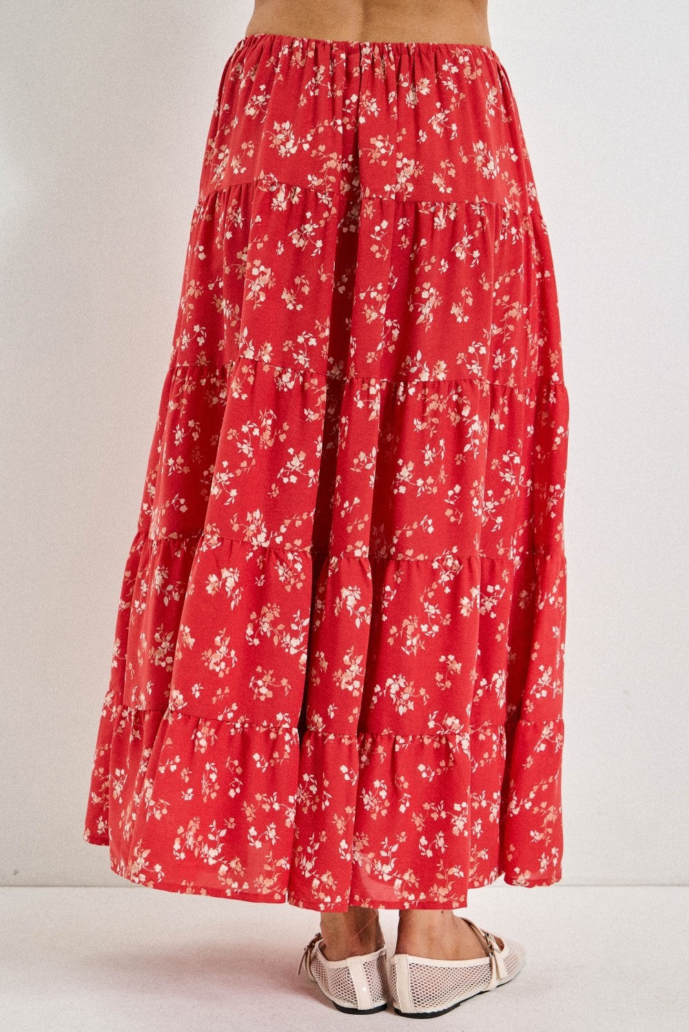 Red Floral Tiered Maxi Skirt