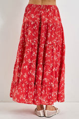 Red Floral Tiered Maxi Skirt