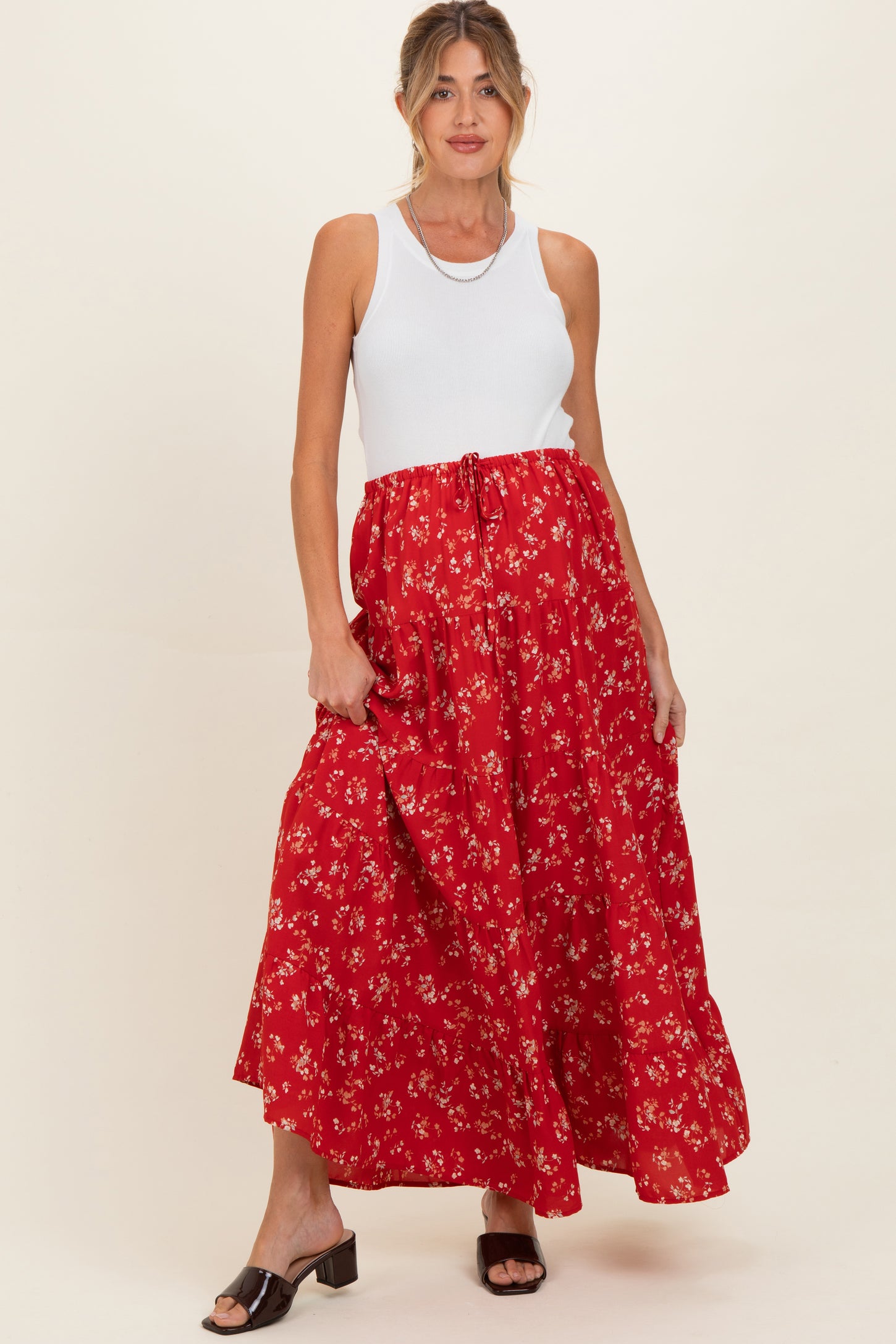 Red Floral Tiered Maternity Maxi Skirt