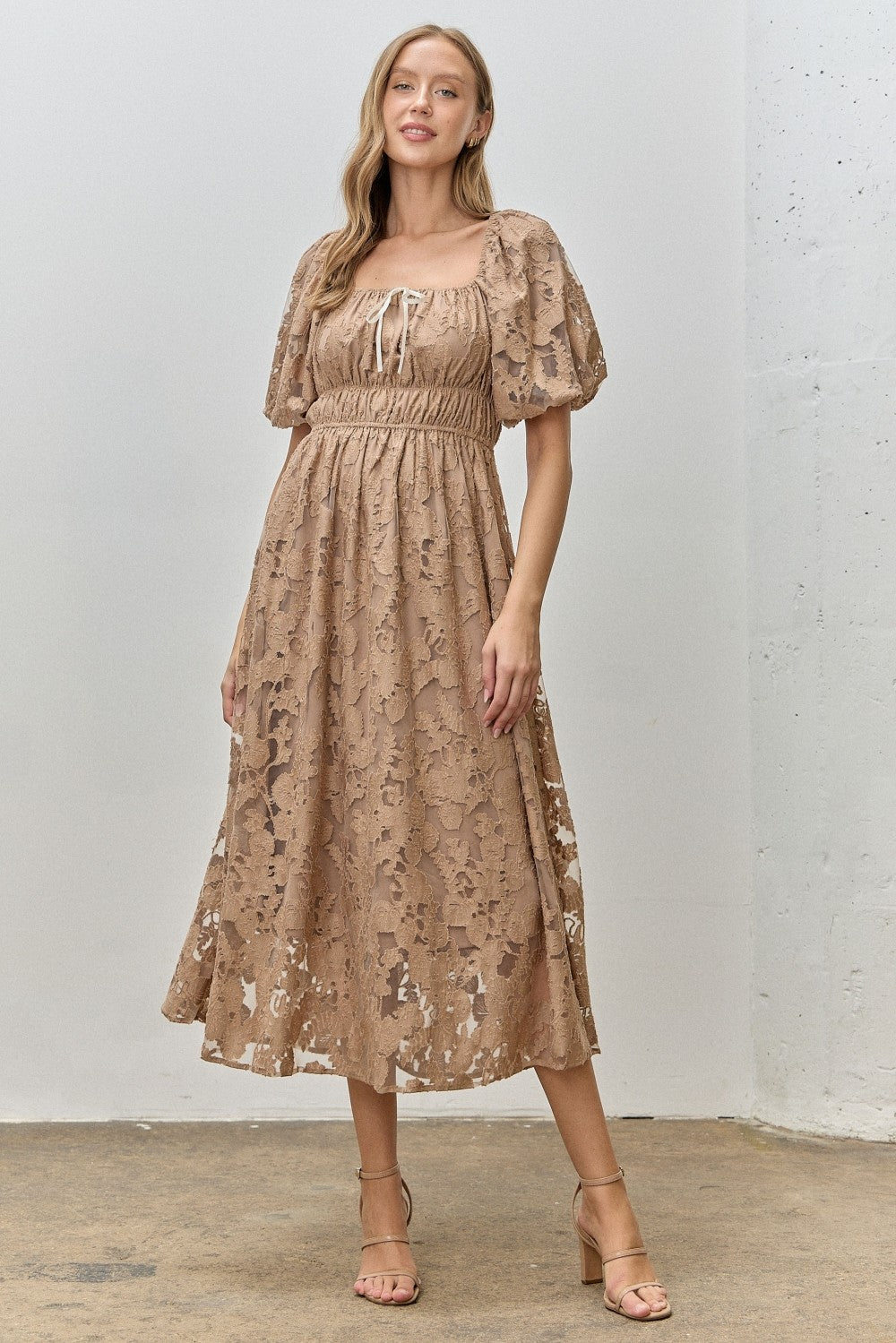 Mocha Lace Puff Sleeve Maternity Midi Dress