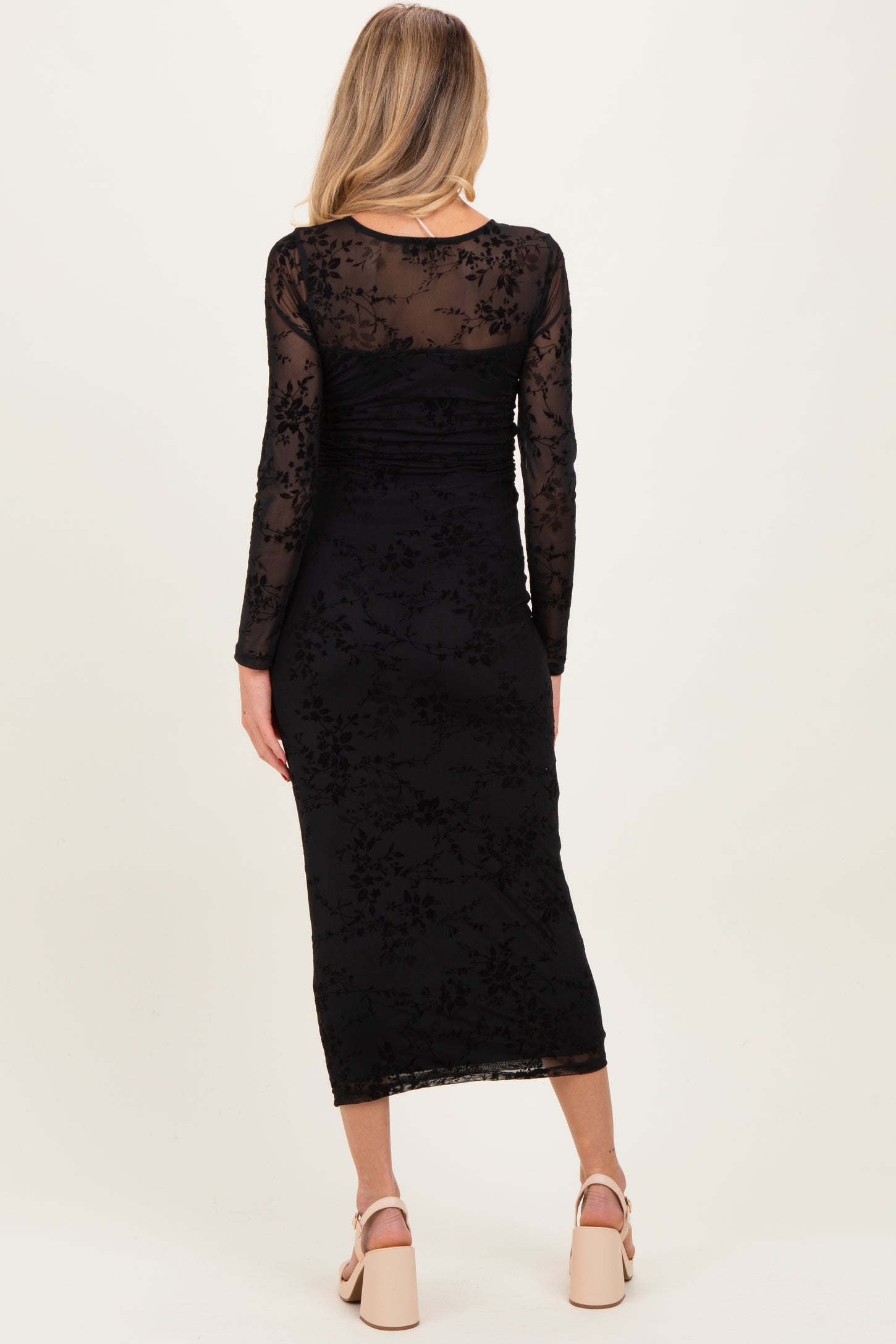 Black Floral Flocked Mesh Long Sleeve Maternity Midi Dress