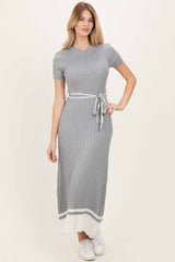 Heather Grey Knit Pleated Sash Tie Midi Dress