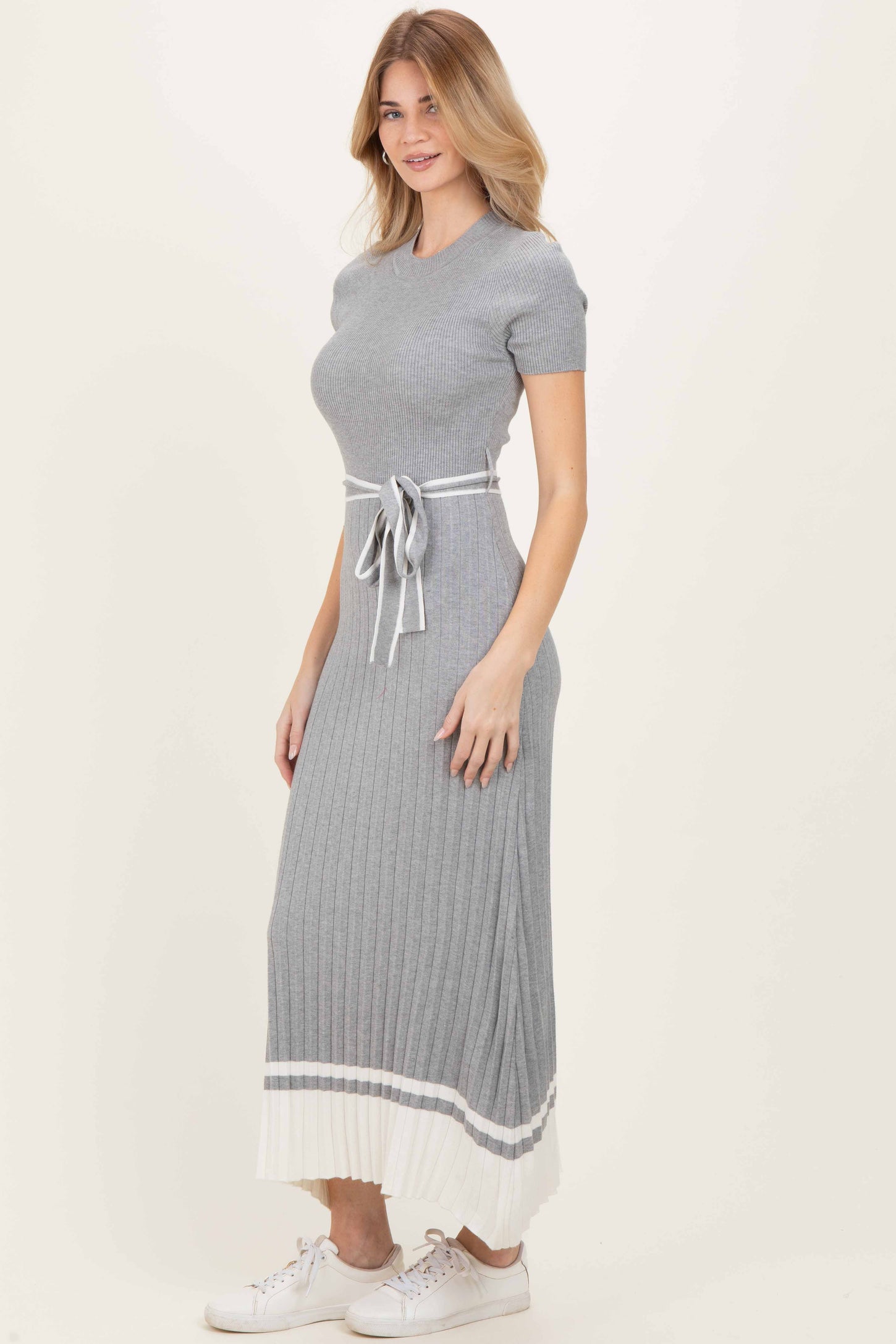 Heather Grey Knit Pleated Sash Tie Midi Dress