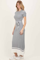 Heather Grey Knit Pleated Sash Tie Midi Dress