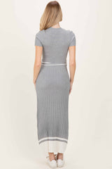Heather Grey Knit Pleated Sash Tie Midi Dress