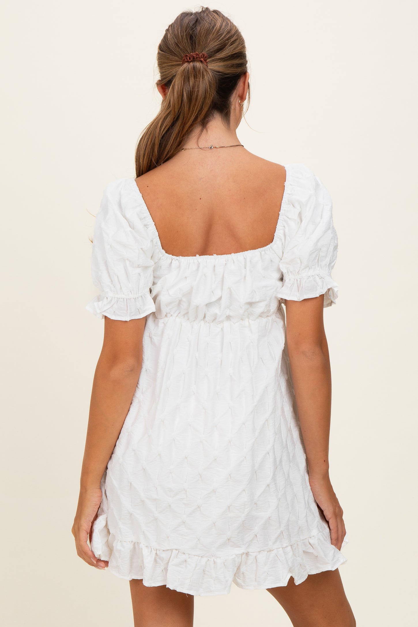White Textured Puff Sleeve Dress