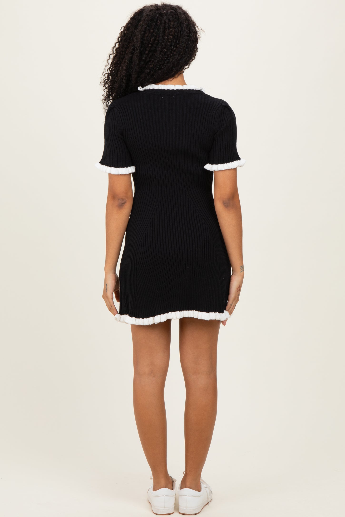 Black Ribbed Knit Ruffle Trim Mini Dress