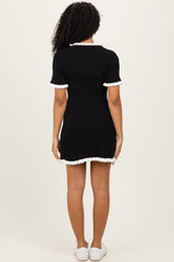Black Ribbed Knit Ruffle Trim Mini Dress
