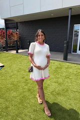 Cream Ribbed Knit Ruffle Trim Maternity Mini Dress