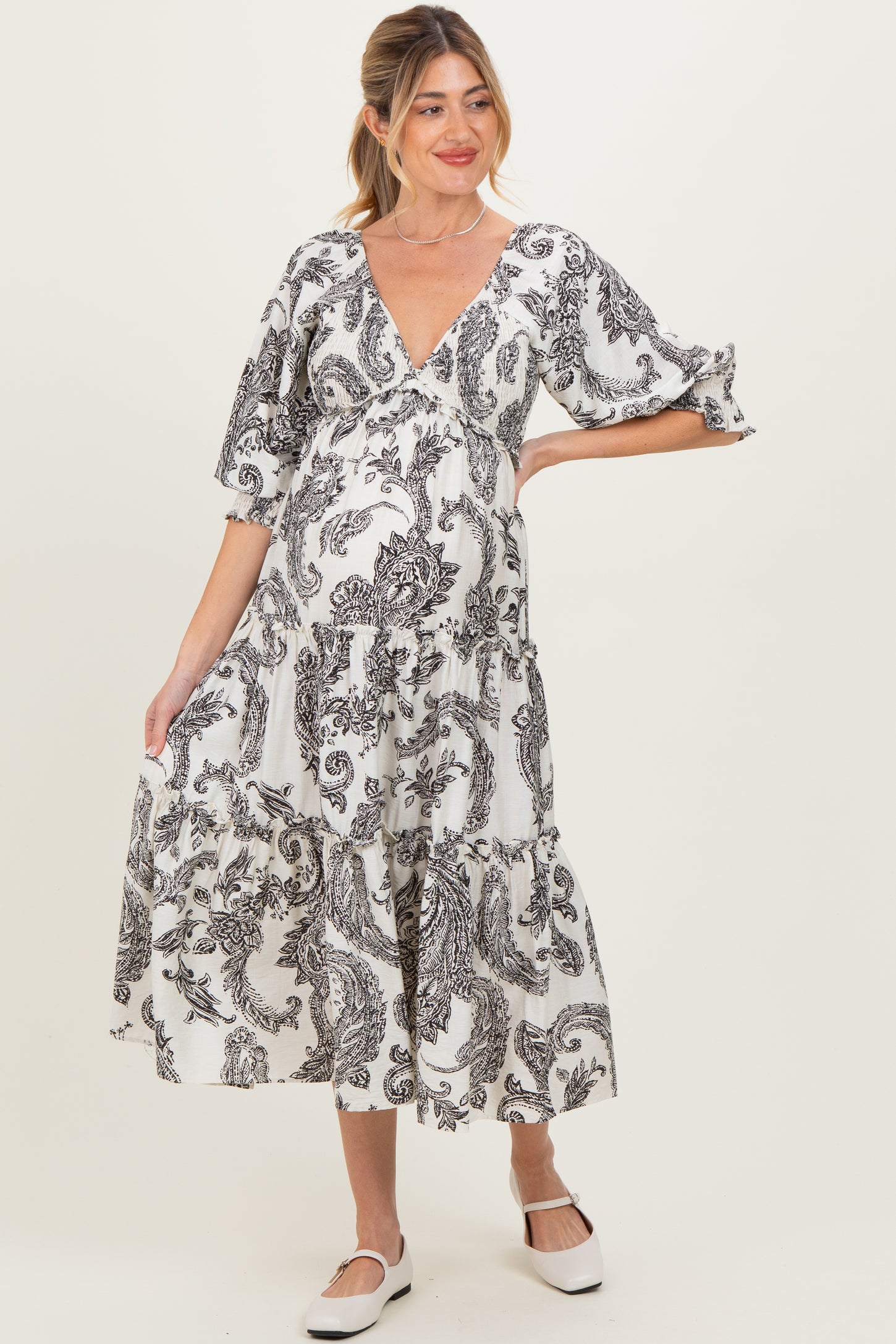 Black Damask Smocked Ruffle Tier Maternity Midi Dresses
