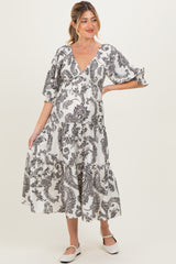 Black Damask Smocked Ruffle Tier Maternity Midi Dresses