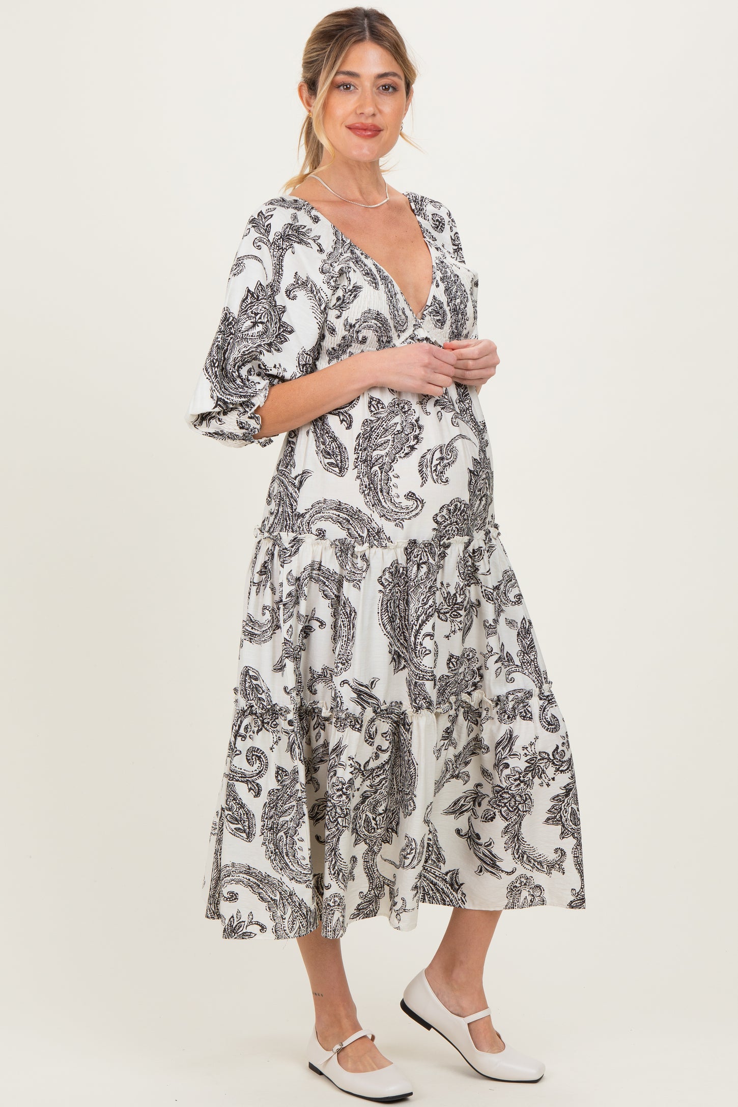 Black Damask Smocked Ruffle Tier Maternity Midi Dresses