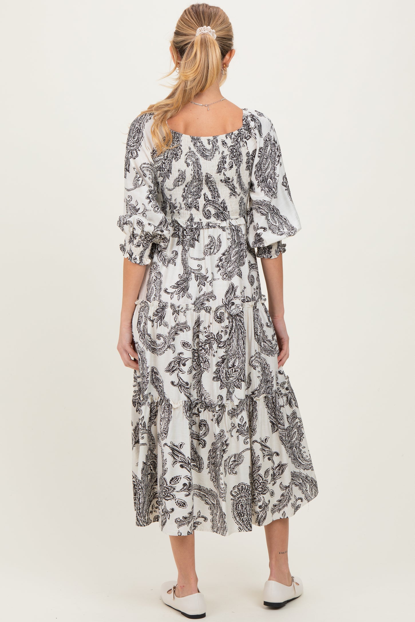 Black Damask Smocked Ruffle Tier Maternity Midi Dresses