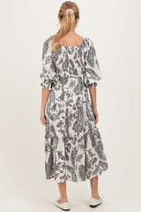 Black Damask Smocked Ruffle Tier Maternity Midi Dresses