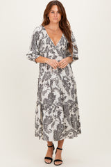 Black Damask Smocked Ruffle Tier Maternity Midi Dresses