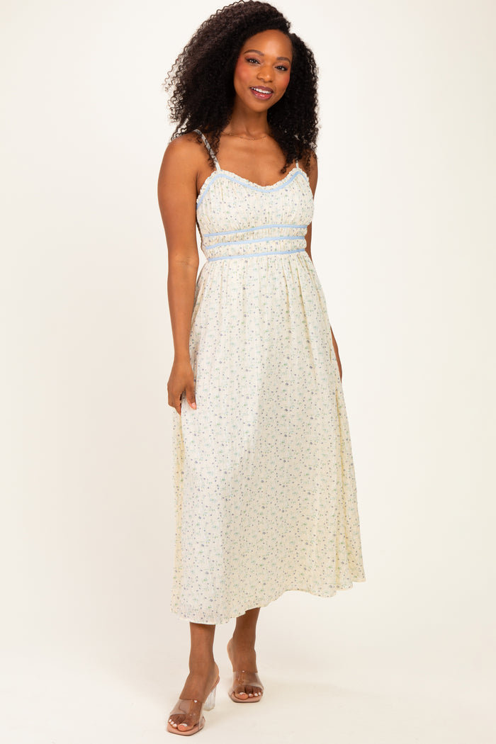 Cream Floral Contrast Trim Sleeveless Maternity Maxi Dress