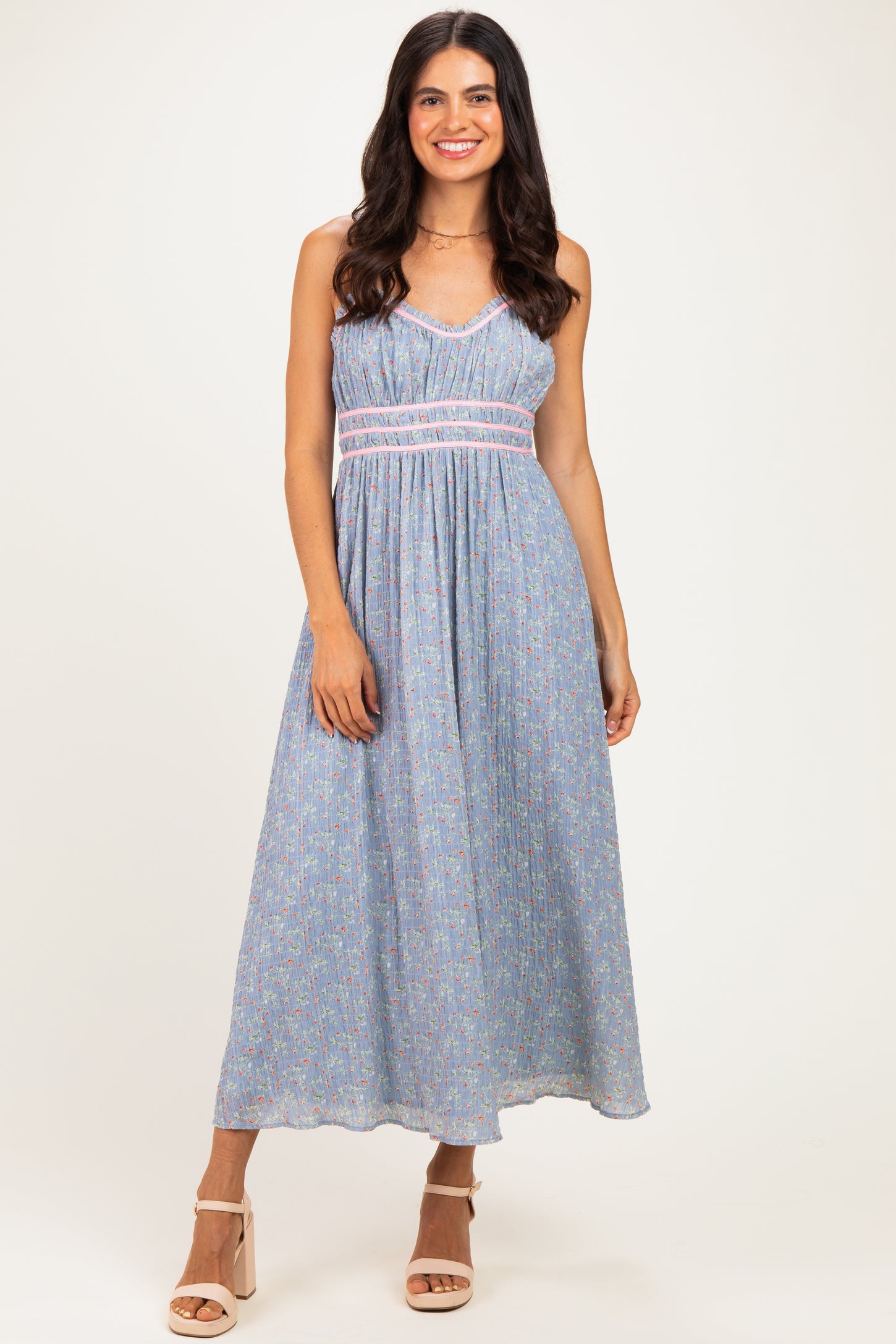 Light Blue Floral Contrast Trim Sleeveless Maxi Dress