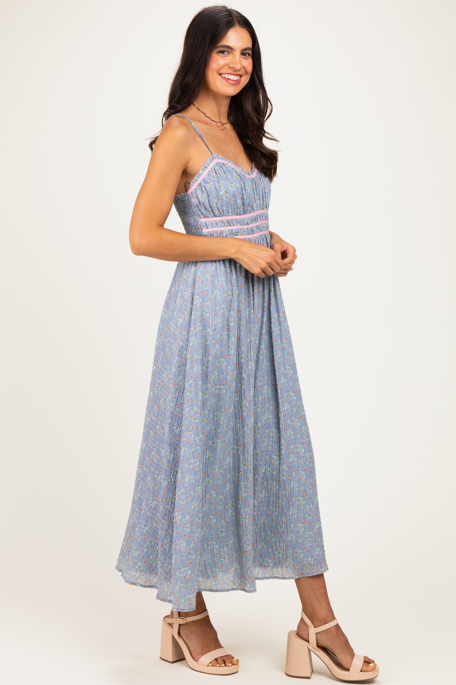 Light Blue Floral Contrast Trim Sleeveless Maxi Dress
