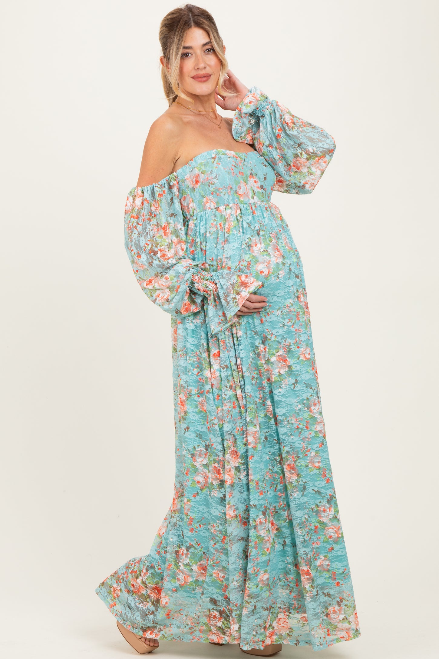 Mint Floral Lace Smocked Long Sleeve Off Shoulder Maternity Maxi Dress