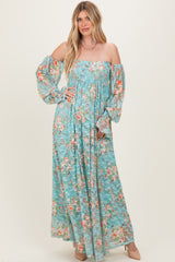 Mint Floral Lace Smocked Long Sleeve Off Shoulder Maxi Dress