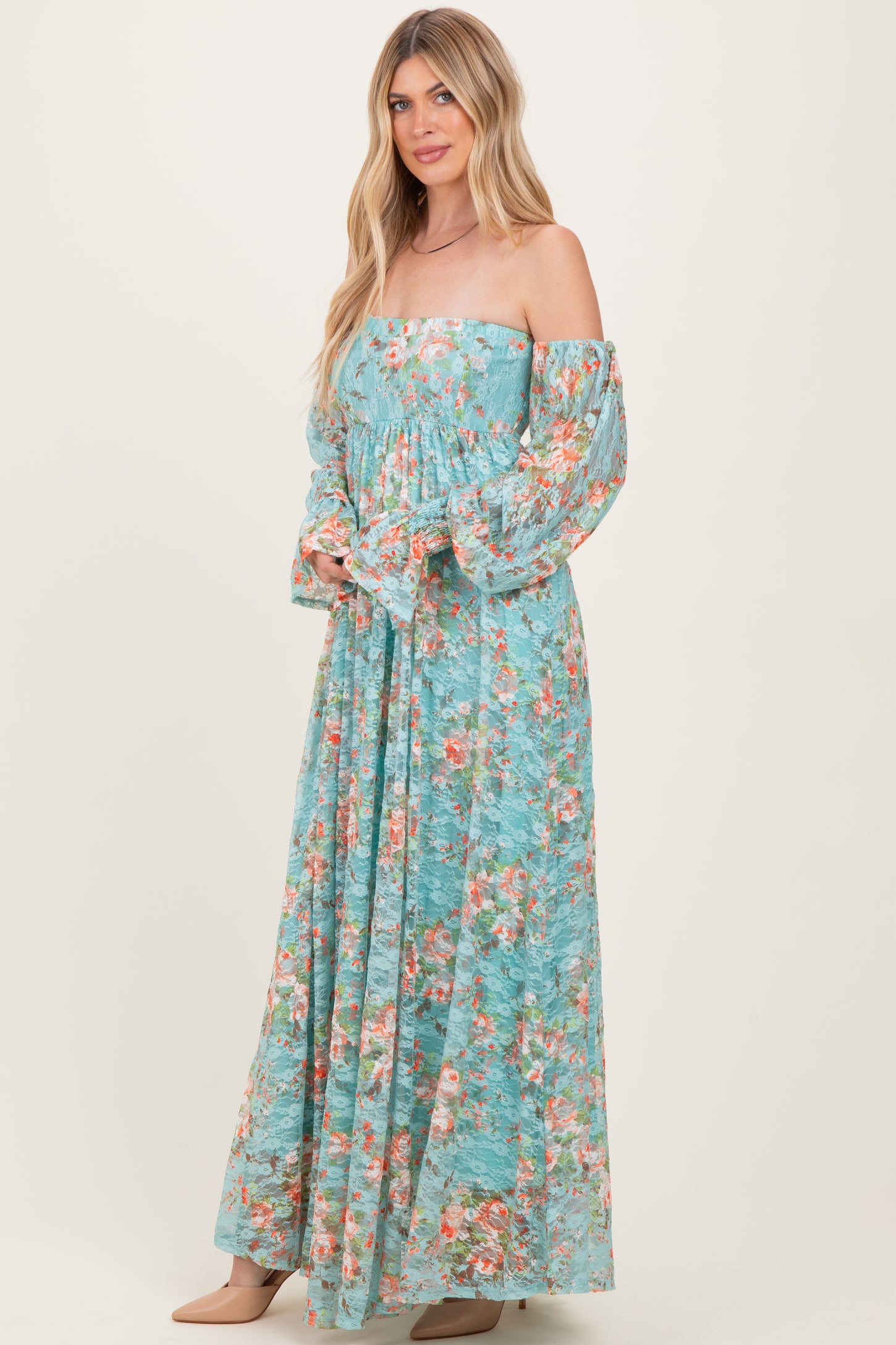 Mint Floral Lace Smocked Long Sleeve Off Shoulder Maxi Dress