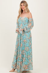 Mint Floral Lace Smocked Long Sleeve Off Shoulder Maxi Dress