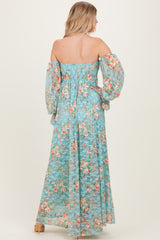Mint Floral Lace Smocked Long Sleeve Off Shoulder Maxi Dress