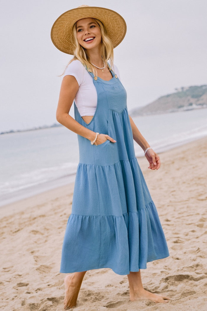 Aqua Blue Button Sling Tiered Maternity Midi Dress
