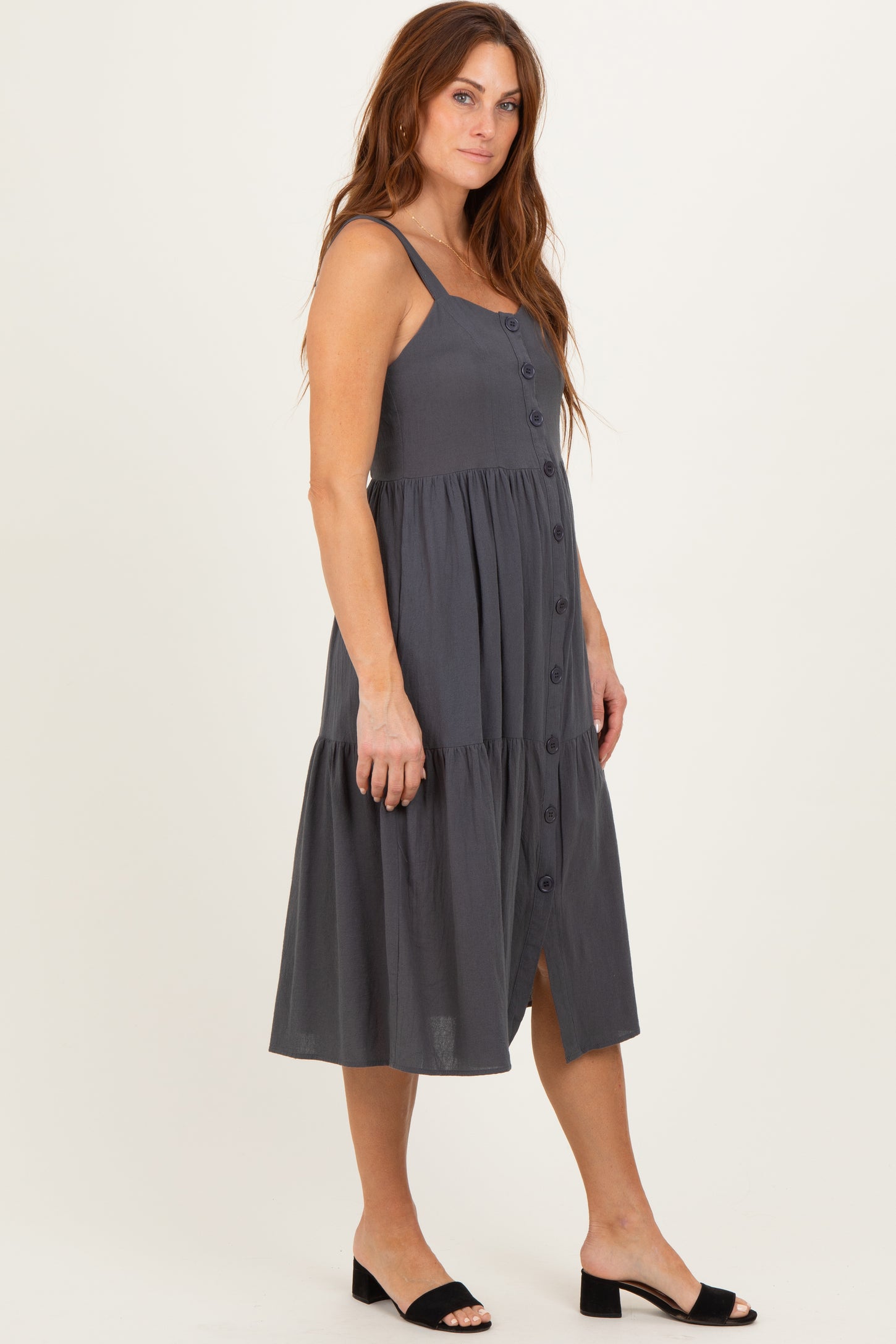 Charcoal Sleeveless Button Down Tiered Midi Dress