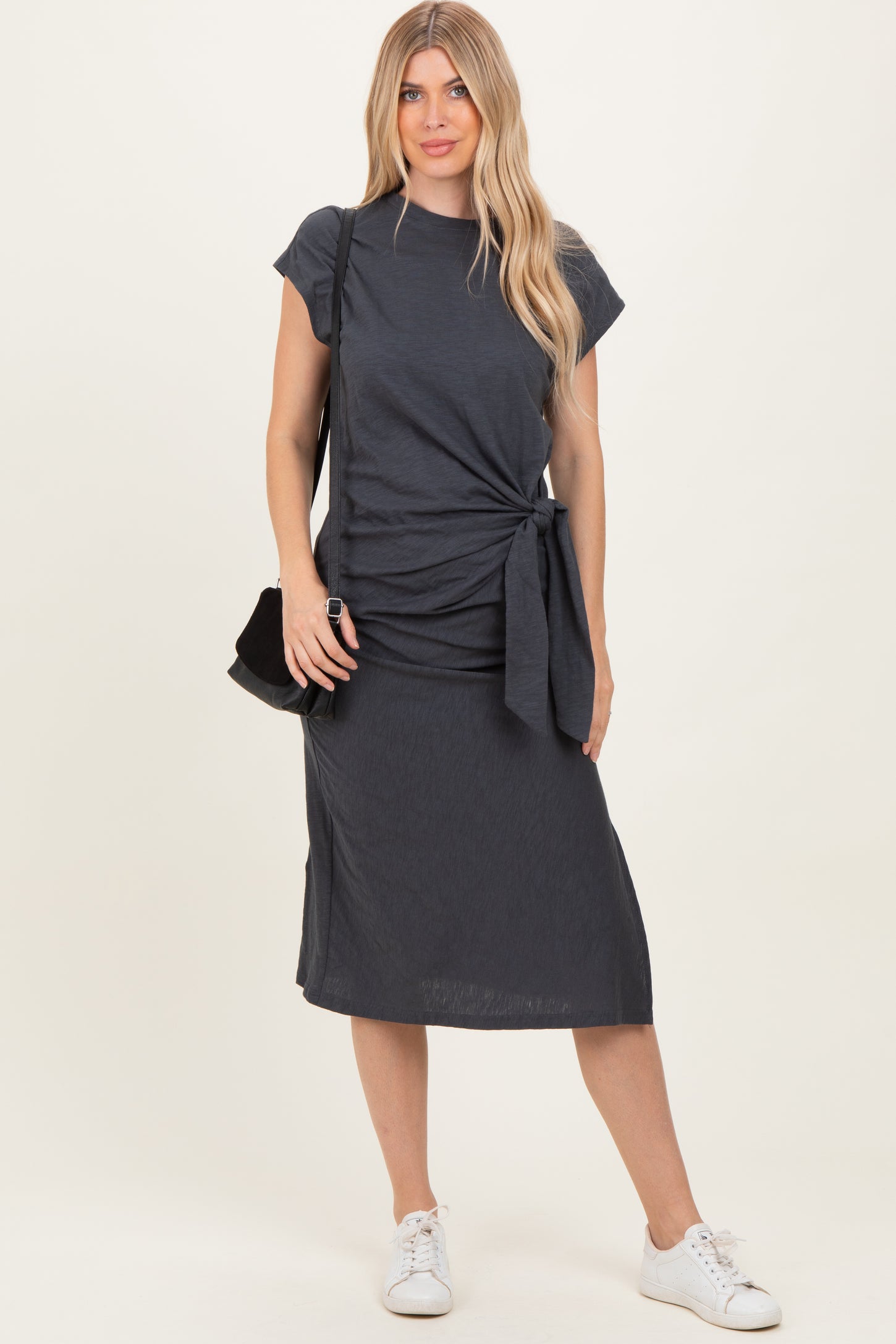 Charcoal Side Tie Side Slit Maternity Midi Dress