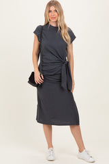 Charcoal Side Tie Side Slit Maternity Midi Dress