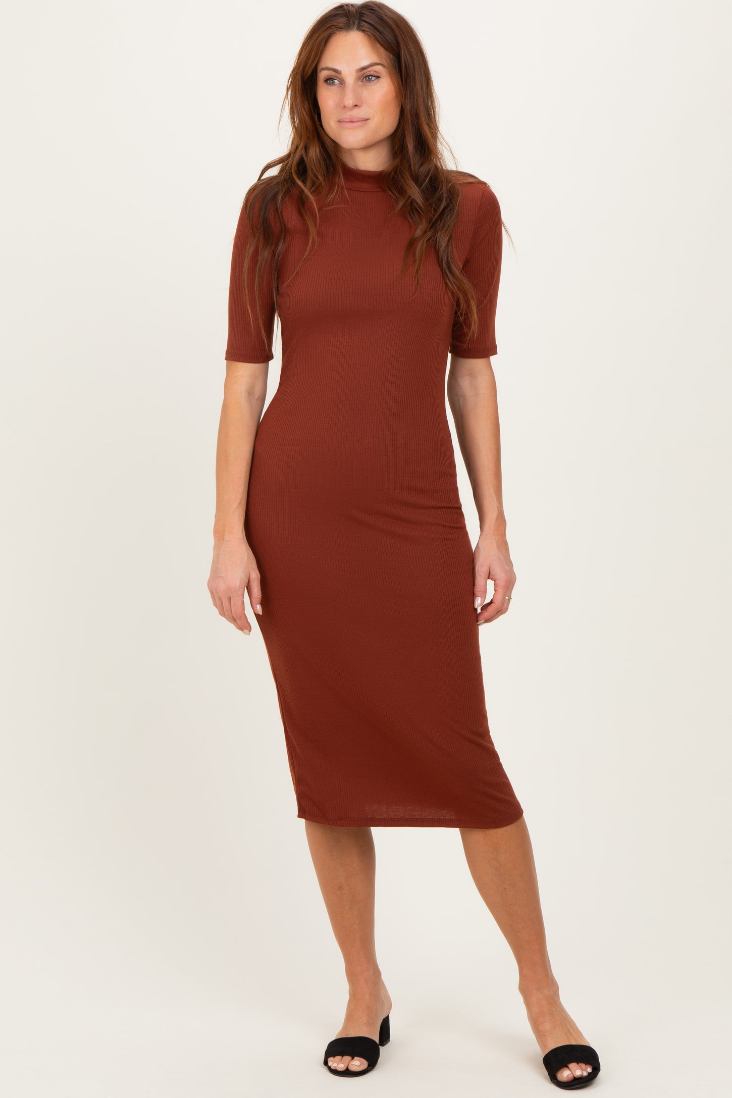 Maroon Ribbed Mock Neck Maternity Midi Dress