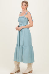 Blue Gingham Smocked Shoulder Tie Midi Dress