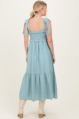 Blue Gingham Smocked Shoulder Tie Midi Dress