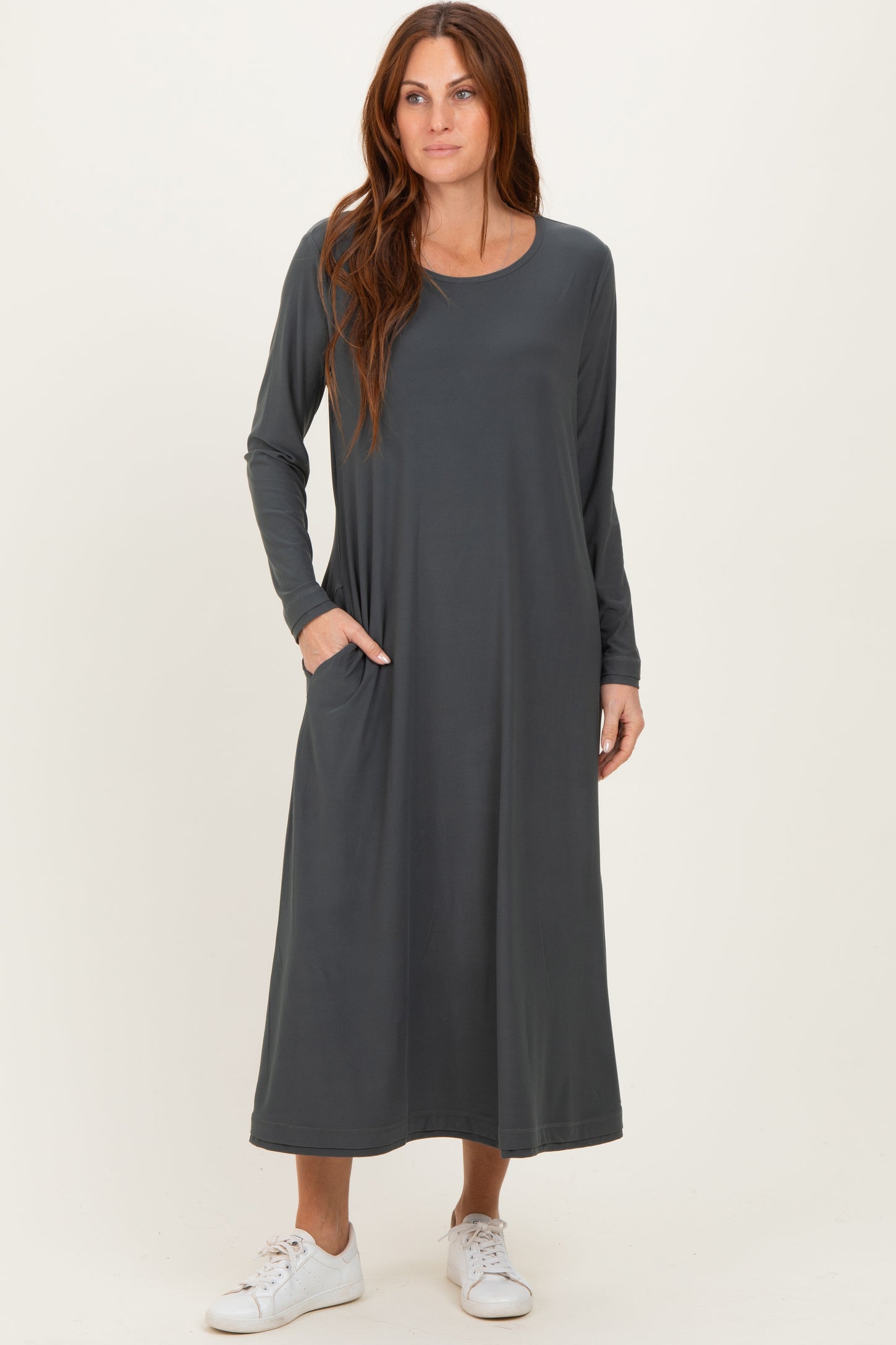 Olive Relaxed Fit Long Sleeve Basic Dress