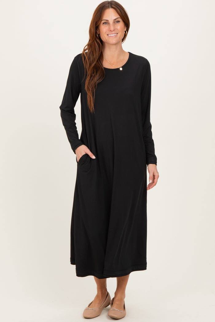 Black Relaxed Fit Long Sleeve Basic Maternity Dress