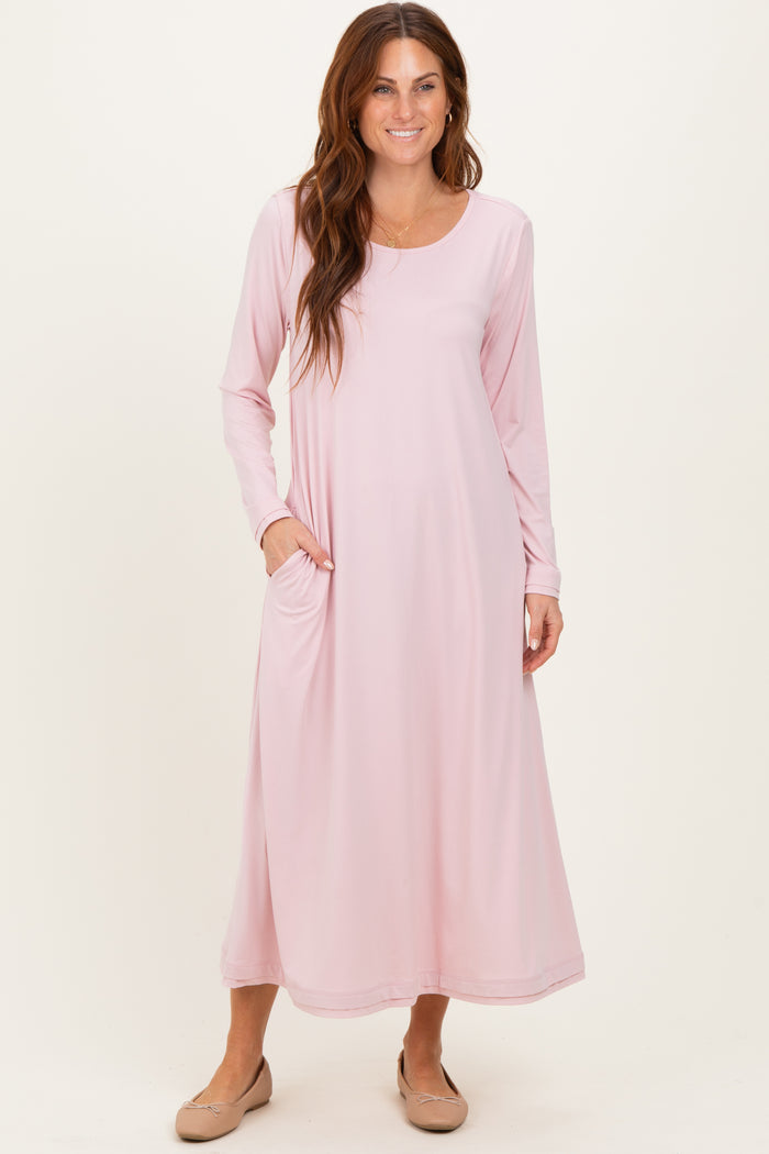 Blush Pink Relaxed Fit Long Sleeve Basic Maternity Dress
