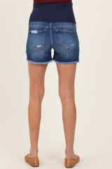 Navy Distressed Fringe Hem Maternity Shorts