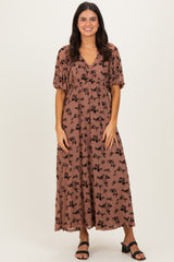Mocha/Brown Floral Mesh 3/4 Sleeve V-Neck Maternity Maxi Dress